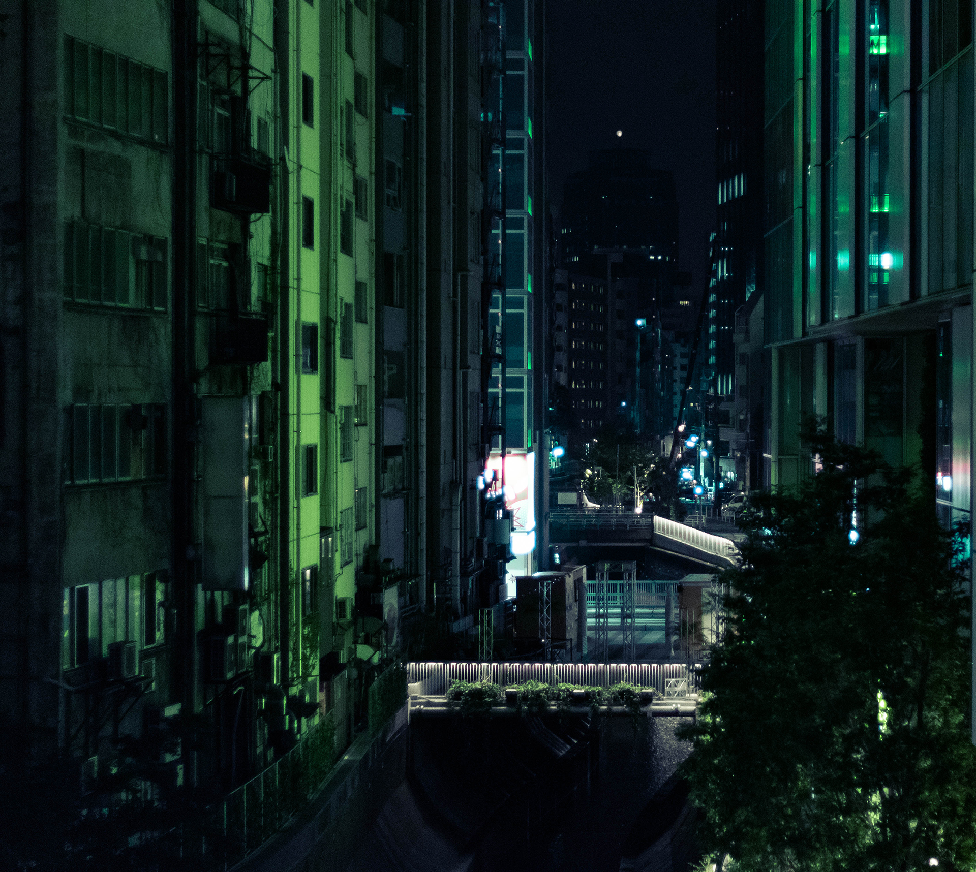Dark canal with tall buildings at its edges lit in green.